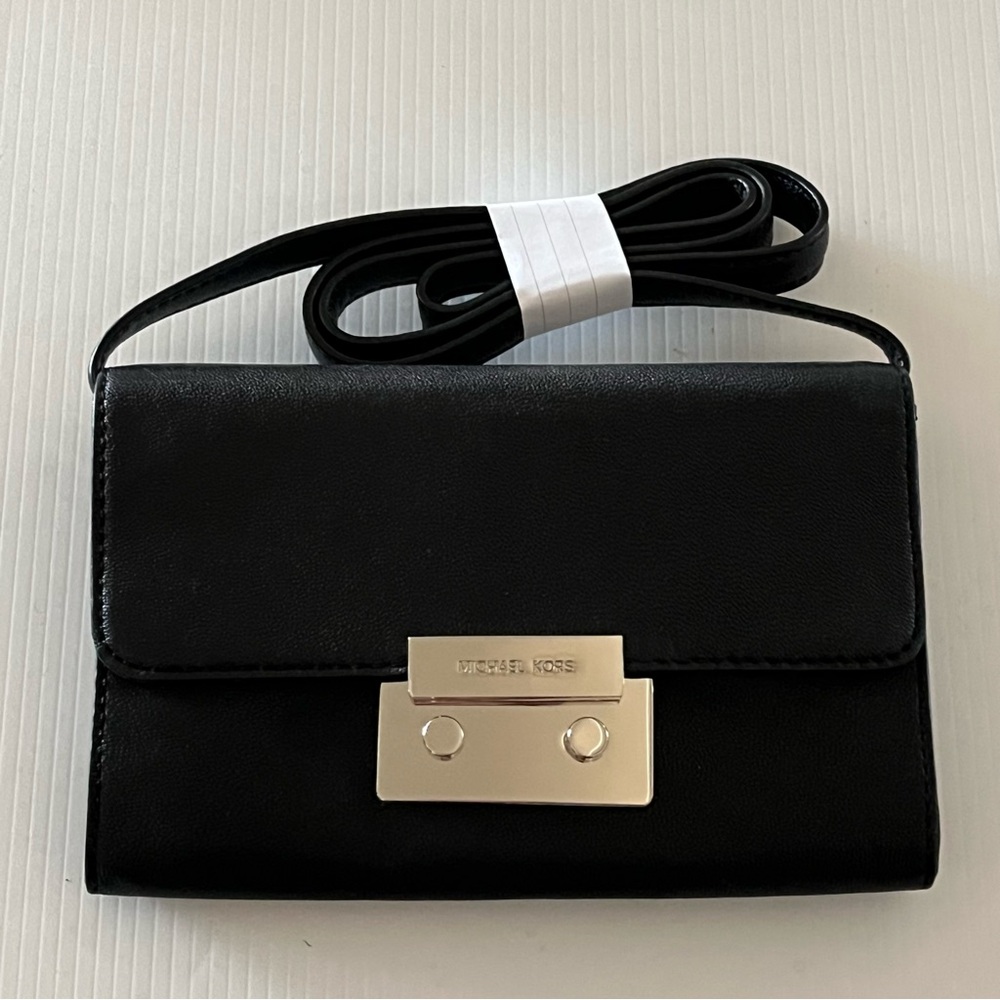 RARE Michael Kors Black Leather Silver Tone Push Release Flap Mini Crossbody